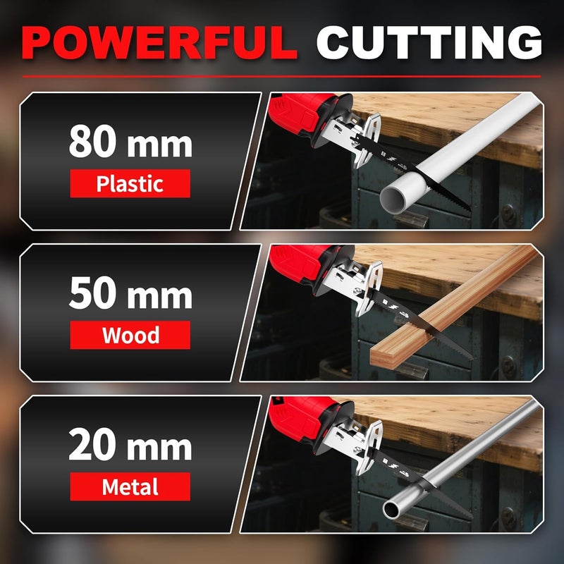 FULLYEA Cordless Reciprocating Saw, 0-3500 RPM Electric Saws with 4 Blades & 2*2.0Ah Batteries, Tool‑Free Blade Change, Handheld Saw Lightweight, Battery Reciprocating Saws for Cutting Wood PVC Pipe - Image 5